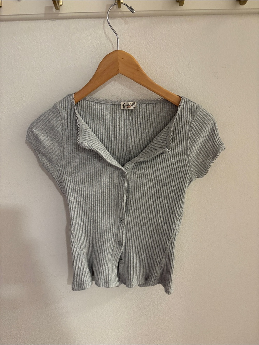 Free People Ribbed Button-Front Short Sleeve Top - Light Gray